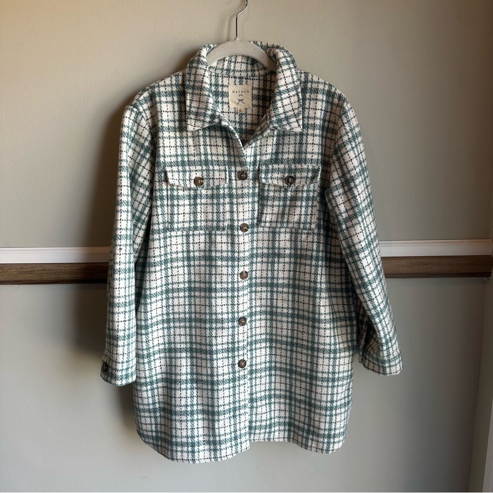 Hayden Wool Blend Green Cream Plaid Textured Jacket Button Up